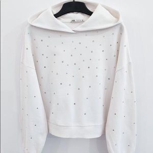Zara Studded Off White Cropped Hoodie